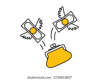 Ilustración vectorial de dos billetes alados que vuelan hacia un monedero amarillo, aislados sobre fondo blanco.