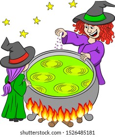 vector illustration of two witches cooking a magic potion in the cauldron