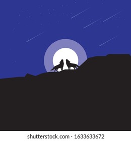 vector illustration of two wolves roaring at night. good for posters at home, book covers, etc.