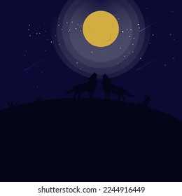 vector illustration of two wolves under the moonlight.