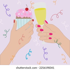 Vector illustration of two woman hands with white skin with champagne in retro glass and cupcake with cherry frosting cream in cartoon style. Black female hands holding wine glass and muffin