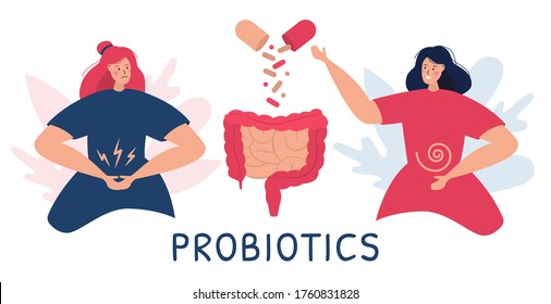 Vector illustration of two women before and after taking probiotic pills to help their digestion. Female suffers from bowel or intestine pains and uses bacillus and bacterium to improve stomach work.