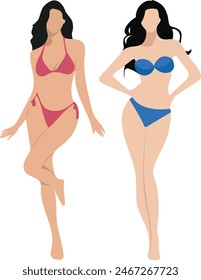 Vector illustration of two women in bikini posing against a white background flat design