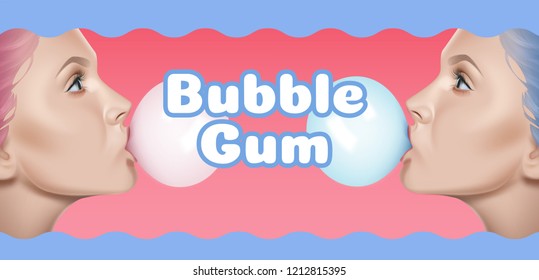 Vector illustration of two women blowing bubbles from chewing gum isolated on background with space for text. Advertising concept of chewing gum