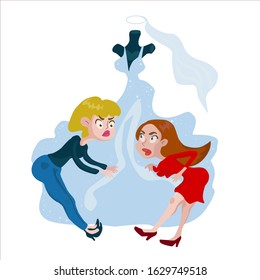 Vector Illustration Of Two Women Brides Are Fighting For A Wedding Dress In A Store.
Comic Scene. Cartoon Style.