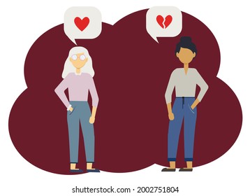 Vector illustration of two women with bubbles hearts, one whole, the second broken