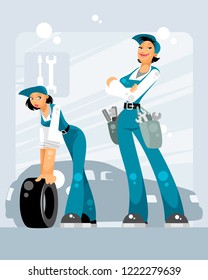 Vector illustration of two women car mechanics