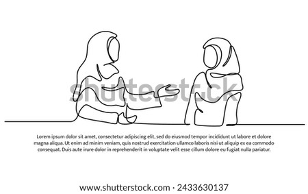 Vector illustration of two women discussing together. Modern flat in continuous line style.
