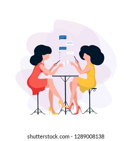 Vector illustration of two women drinking coffee, girlfriends texting in smartphone, flat design