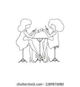 vector illustration of two women drinking coffee, girls talking in a cafe, linear design