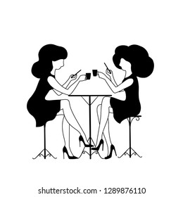 vector illustration of two women drinking coffee, girls talking in cafe, black silhouette on white background