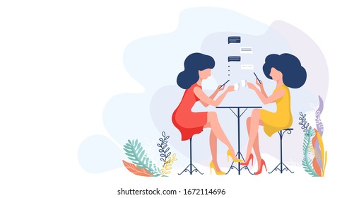 Vector illustration of two women drinking coffee, girlfriends texting in smartphone, flat design