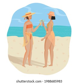 Vector illustration of two women drinking a cocktail on the sunny beach.
