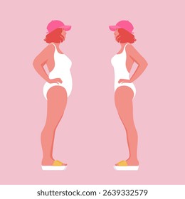 Vector illustration of two women a full-length in swimsuits standing face to face, comparing body shapes. Concept of weight loss, fitness progress. Flat style on pink background.