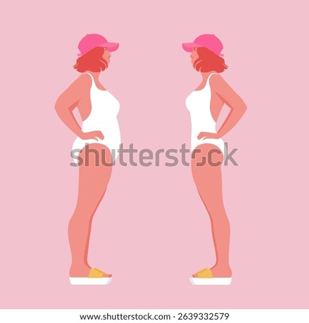 Vector illustration of two women a full-length in swimsuits standing face to face, comparing body shapes. Concept of weight loss, fitness progress. Flat style on pink background.