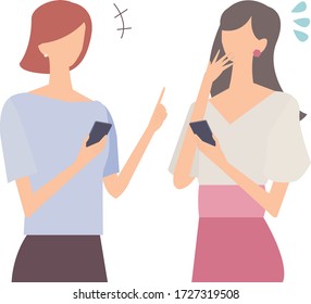 Vector illustration of two women having a conversation with a smartphone