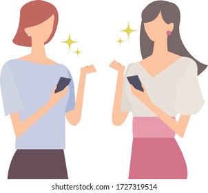 Vector illustration of two women having a conversation with a smartphone