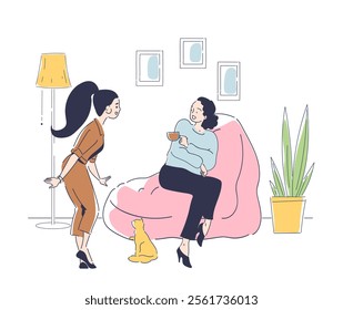 A vector illustration of two women having a friendly conversation in a cozy living room. One is seated with a cup of tea, while the other stands nearby. A cat and plants add warmth