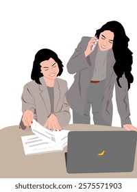 A vector illustration of two women having a meeting, using a phone, laptop, and book on a table, symbolizing teamwork, collaboration, and productivity, ideal for business and work-related themes.