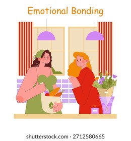 Ilustración vectorial de dos mujeres en una cocina conversando amistosamente, una sostiene una bolsa de la compra mientras ambas sonríen cálidamente, rodeadas de una decoración brillante y flores.