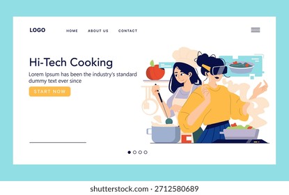 Vector illustration of two women in a kitchen using virtual reality technology for cooking. One wears VR goggles, stirring a pot while engaging with digital elements.