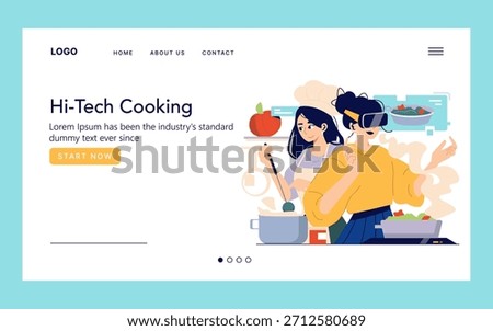 Vector illustration of two women in a kitchen using virtual reality technology for cooking. One wears VR goggles, stirring a pot while engaging with digital elements.