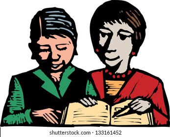 Vector illustration of two women looking at a calendar