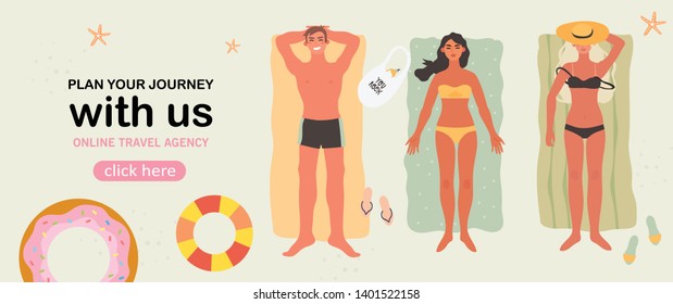 Vector illustration of two women and a man sunbathing on a beach near the sea or ocean. People resting on a summer vacation. Creative banner, flyer, landing page for a travel agency or tour operator.