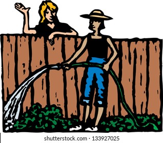 Vector Illustration Of Two Women Neighbors Talking Over Fence