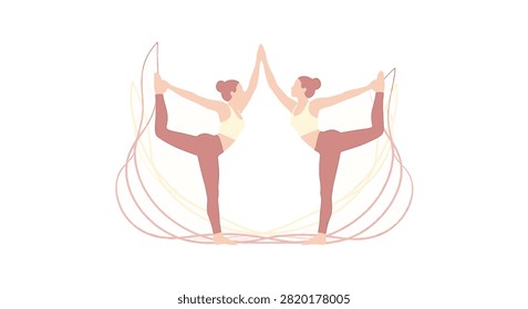 Vector illustration of two women performing Natarajasana dancer yoga pose in symmetry on a white background with abstract curved line elements and pastel color palette.