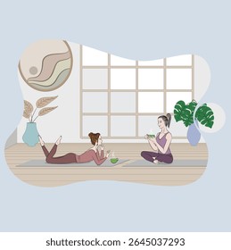 Vector illustration of two women relaxing, chatting and enjoying tea in a cozy yoga studio or wellness space. The scene features a peaceful interior with indoor plants, yoga mats, minimalist decor.