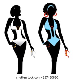 Vector illustration of two women silhouettes in monokini swimsuits.