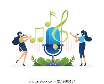 Vector illustration of Two women singing or karaoke in front of a giant recording microphone. Can be used to landing page, web, website, poster, mobile apps, brochure, ads, flyer, card