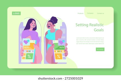 Vector illustration of two women smiling and holding smartphones displaying health metrics. They discuss setting realistic personal goals in a bright digital interface setup.