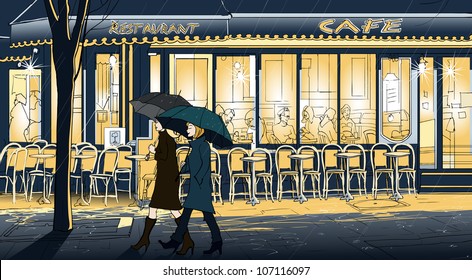 Vector illustration of two women strolling in the rain in a street of Paris