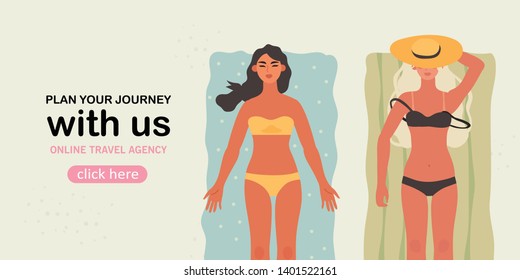Vector illustration of two women sunbathing on the beach near the sea or ocean. People resting on their summer vacation. Creative banner, flyer, landing page for a travel agency or tour operator.