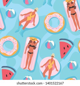 Vector illustration of two women swimming on an inflatable lounge and inner tube in a pool or a sea and sunbathing on their vacation. Summer theme. Seamleass pattern for print.