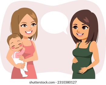 Ilustración vectorial de dos mujeres hablando de bebés. Mujer joven aprendiendo sobre el cuidado infantil de una amiga madre con un consejo de intercambio de bebés sobre la maternidad