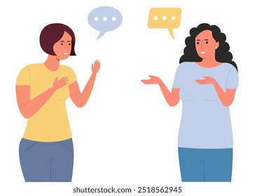 Vector illustration of two women talking with speech bubbles, showing communication and conversation.