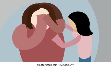 Vector illustration of two women. A thin woman hugs and soothes a fat woman. Unhappy fat woman. Hands cover face. Sad, depressed, unhappy. Friend, advice, hug.