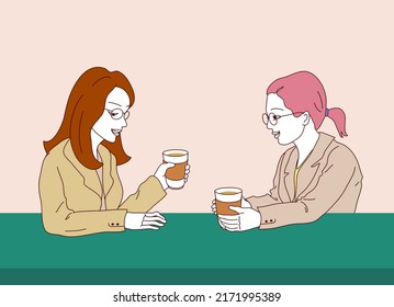 [Vector] Illustration Of Two Women Wearing Glasses And A Tailored Jacket Talking Over Coffee