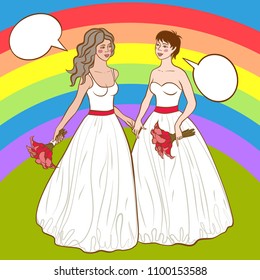 Vector illustration of two women in wedding dresses with speech bubbles on brushed rainbow background. Concept of gay love, lgbt movement, free love, gay rights, lesbian rights, equality, pride parade