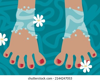 Ilustración vectorial - dos pies femeninos están parados en un baño de pies con agua limpia y brotes de flores flotantes. Concepto de pedicura y cuidado de la piel del pie