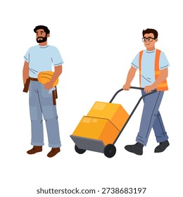 Vector illustration of two workers: construction builder with helmet and delivery employee moving boxes on a trolley. Teamwork and manual labor concept.