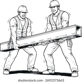 vector illustration of two workers lifting iron