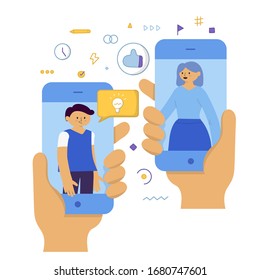 Vector Illustration Two Workers in Virtual Communication with Smartphones Technology Concept in Flat Style