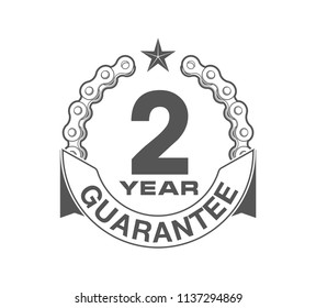Vector illustration Two Years Warranty icon background with ribbon and moto chain isolated on white. Poster, label, badge or brochure template. Banner with Logo 2 years guarantee Label obligations