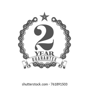 Vector illustration Two Years Warranty icon background with ribbon and moto chain isolated on white. Poster, label, badge or brochure template. Banner with Logo 2 years guarantee Label obligations