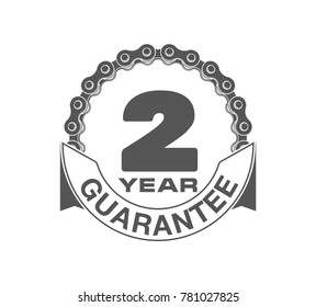 Vector illustration Two Years Warranty icon background with ribbon and moto chain isolated on white. Poster, label, badge or brochure template. Banner with Logo 2 years guarantee Label obligations