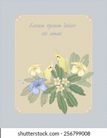 Vector Illustration of two yellow bird with blue hibiscus flowers and tropical foliage in a vintage frame on a beige background